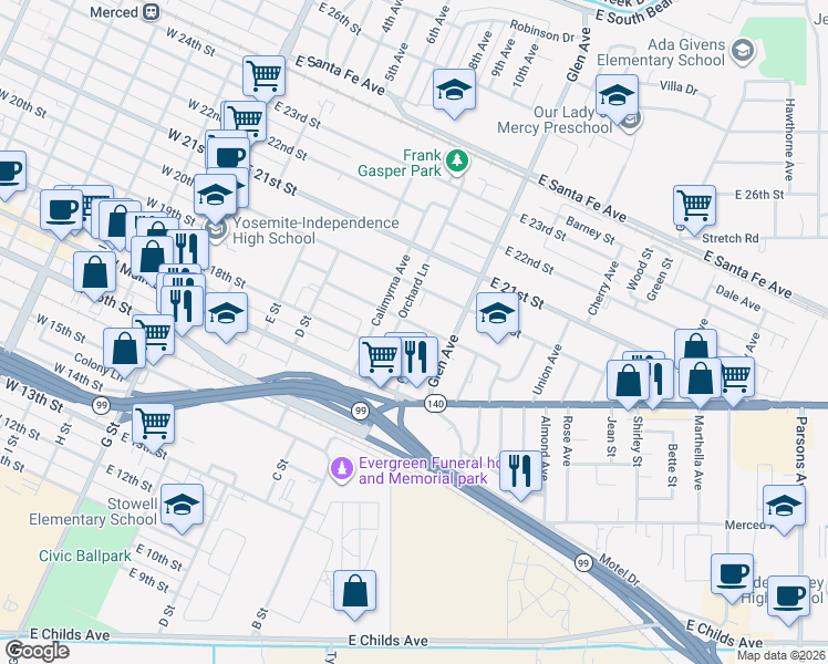 map of restaurants, bars, coffee shops, grocery stores, and more near 598 East 19th Street in Merced