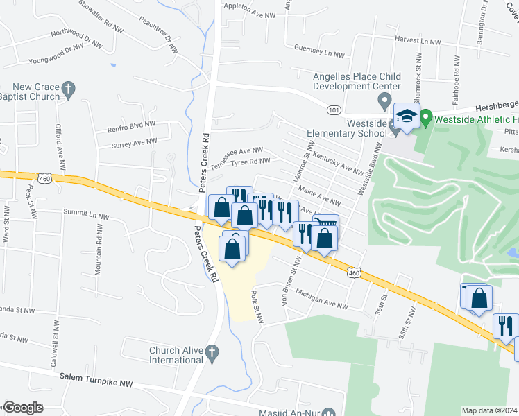 map of restaurants, bars, coffee shops, grocery stores, and more near 4131 Virginia Avenue Northwest in Roanoke