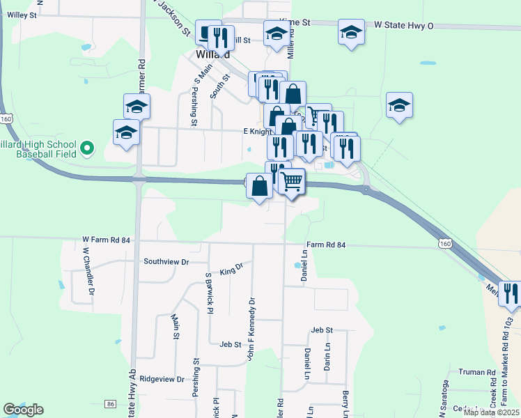 map of restaurants, bars, coffee shops, grocery stores, and more near 302 Proctor Road in Willard