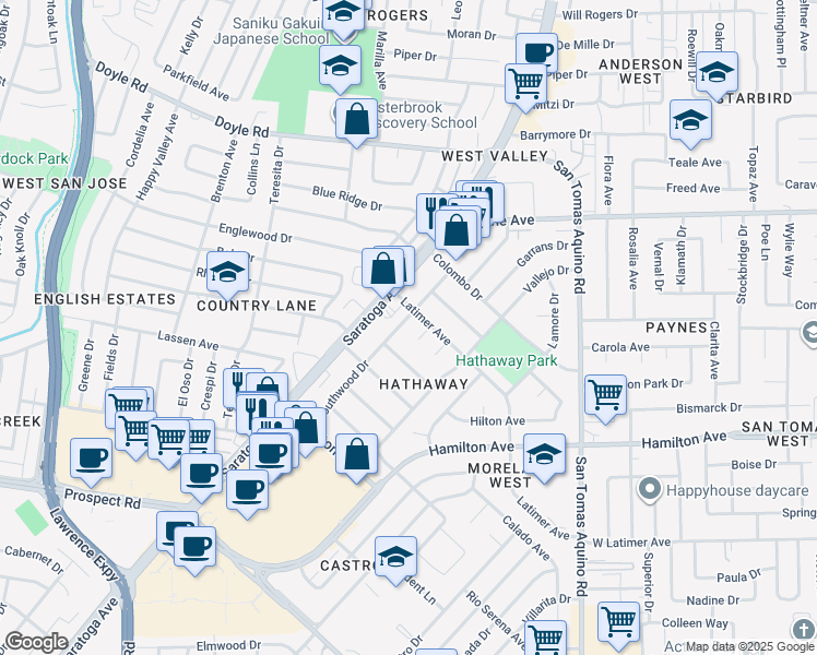 map of restaurants, bars, coffee shops, grocery stores, and more near 1461 Bongate Court in San Jose