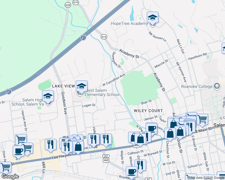 map of restaurants, bars, coffee shops, grocery stores, and more near 500 North Shanks Street in Salem