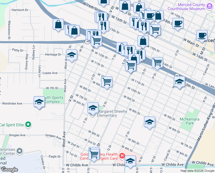 map of restaurants, bars, coffee shops, grocery stores, and more near 1227 West 9th Street in Merced