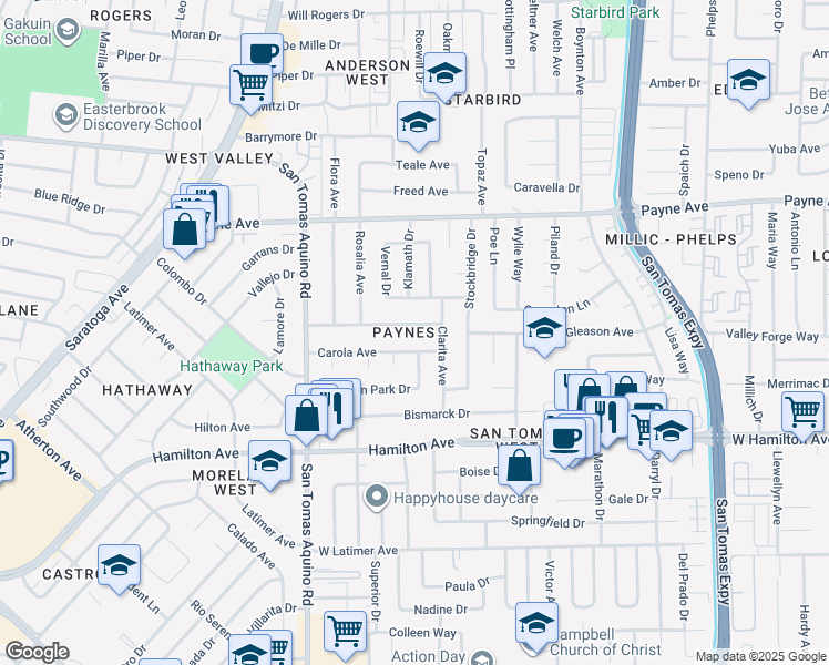 map of restaurants, bars, coffee shops, grocery stores, and more near 4034 Moreland Way in San Jose