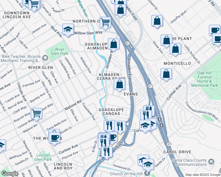 map of restaurants, bars, coffee shops, grocery stores, and more near 670 Almaden Walk Loop in San Jose