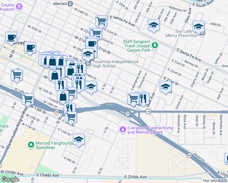map of restaurants, bars, coffee shops, grocery stores, and more near 1740 D Street in Merced