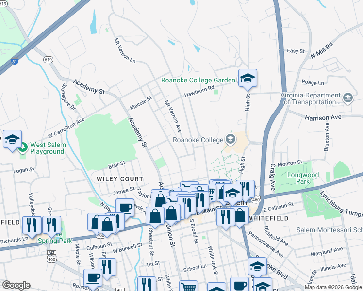 map of restaurants, bars, coffee shops, grocery stores, and more near 357 Mount Vernon Avenue in Salem