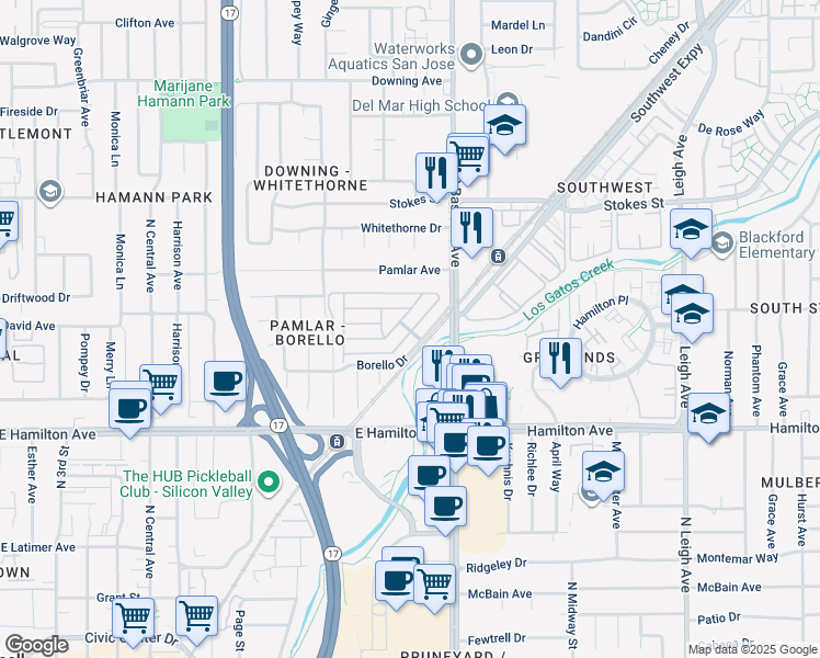 map of restaurants, bars, coffee shops, grocery stores, and more near 118 Quail Hollow Drive in San Jose