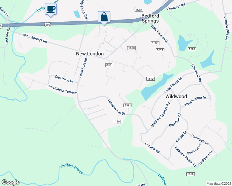 map of restaurants, bars, coffee shops, grocery stores, and more near 188 Bradford Lane in Lynchburg
