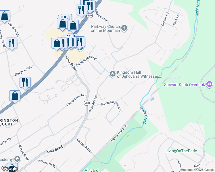 map of restaurants, bars, coffee shops, grocery stores, and more near 3463 Belle Avenue Northeast in Roanoke