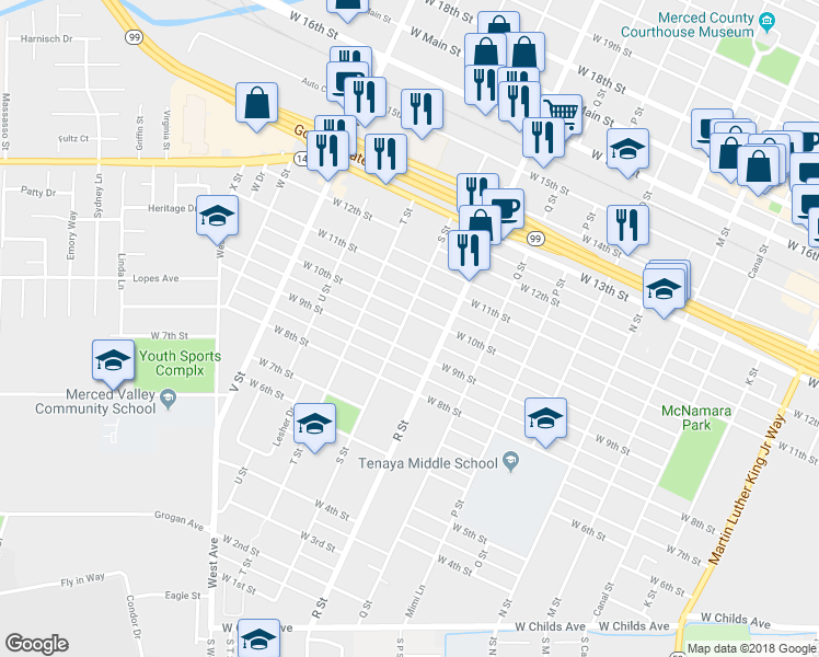 map of restaurants, bars, coffee shops, grocery stores, and more near 932 S Street in Merced