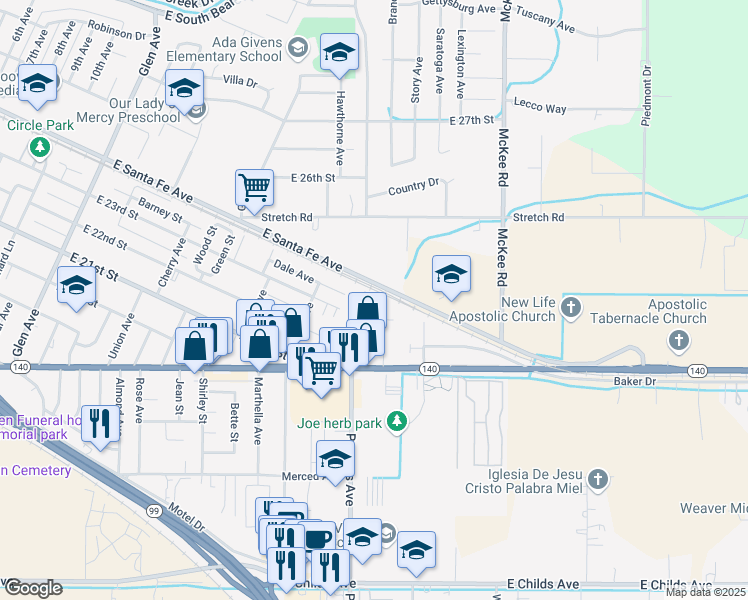map of restaurants, bars, coffee shops, grocery stores, and more near 2420 Edwards Avenue in Merced