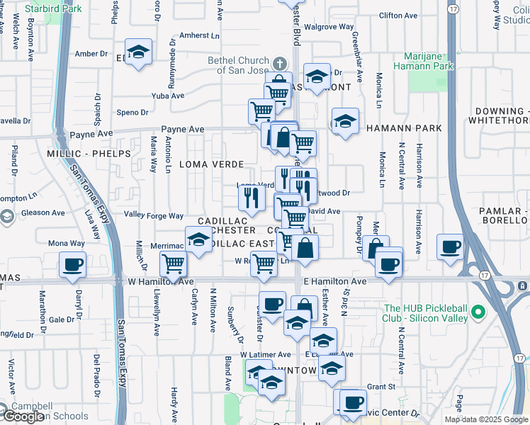 map of restaurants, bars, coffee shops, grocery stores, and more near 3148 Williamsburg Drive in San Jose