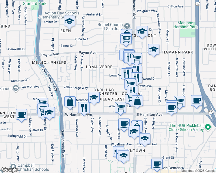 map of restaurants, bars, coffee shops, grocery stores, and more near 1483 Eden Avenue in San Jose