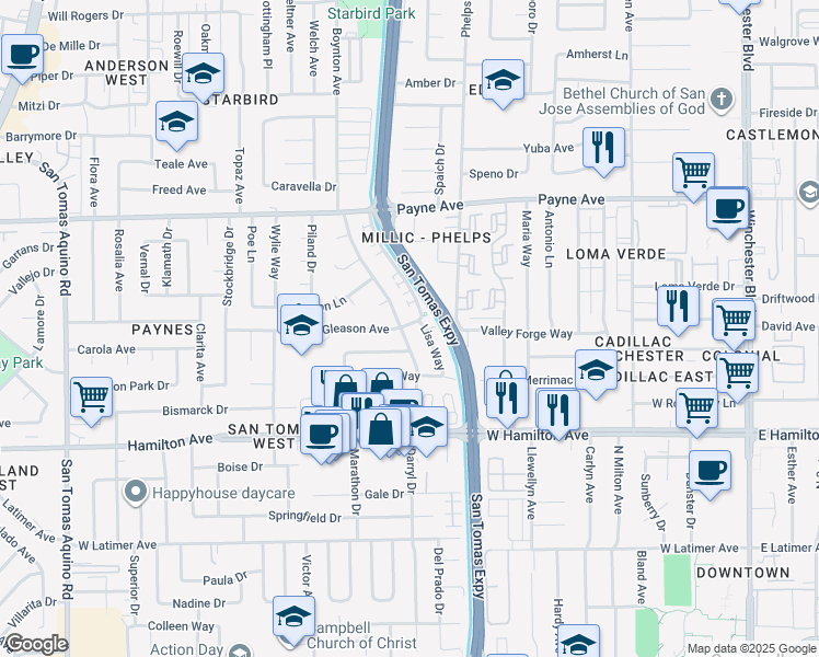 map of restaurants, bars, coffee shops, grocery stores, and more near 3590 Gleason Avenue in San Jose