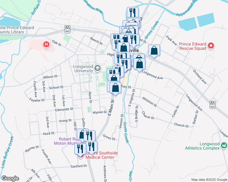 map of restaurants, bars, coffee shops, grocery stores, and more near 301-499 South Main Street in Farmville