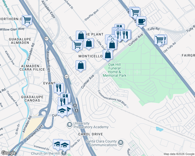 map of restaurants, bars, coffee shops, grocery stores, and more near 2240 Winepol Loop in San Jose