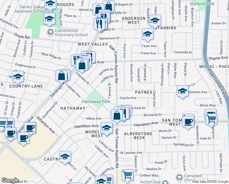 map of restaurants, bars, coffee shops, grocery stores, and more near 1441 San Tomas Aquino Road in San Jose