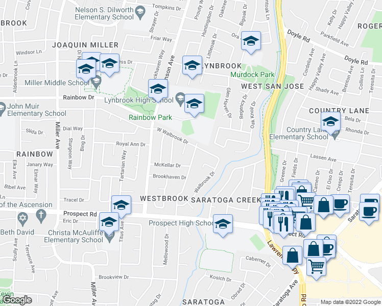 map of restaurants, bars, coffee shops, grocery stores, and more near 1379 Brookglen Dr in San Jose
