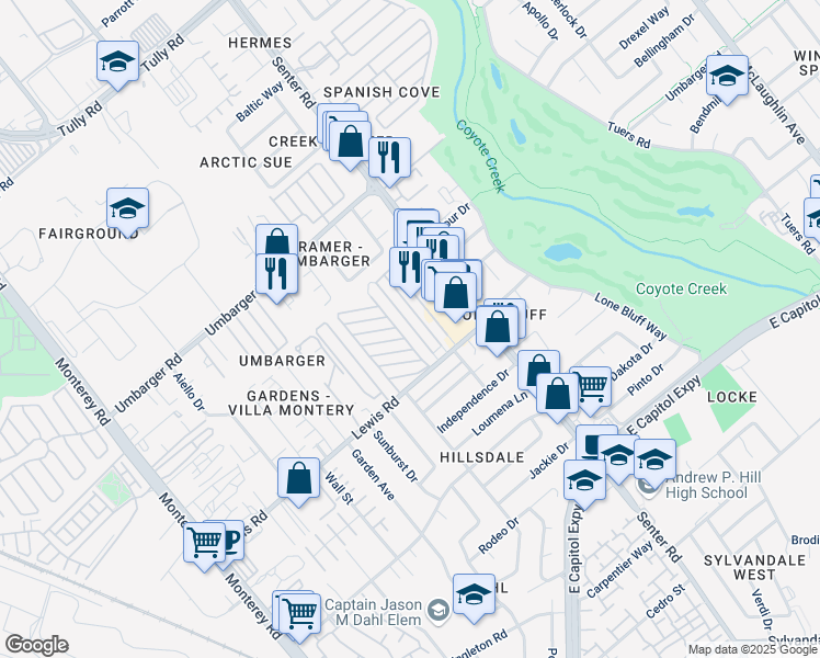 map of restaurants, bars, coffee shops, grocery stores, and more near 2855 Senter Road in San Jose