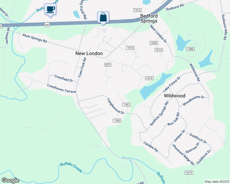 map of restaurants, bars, coffee shops, grocery stores, and more near 188 Bradford Lane in Lynchburg