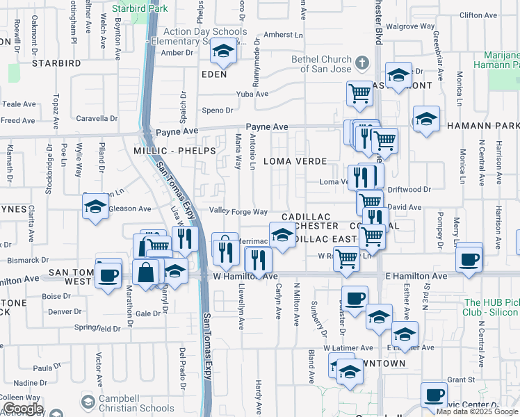 map of restaurants, bars, coffee shops, grocery stores, and more near 3391 Valley Forge Way in San Jose
