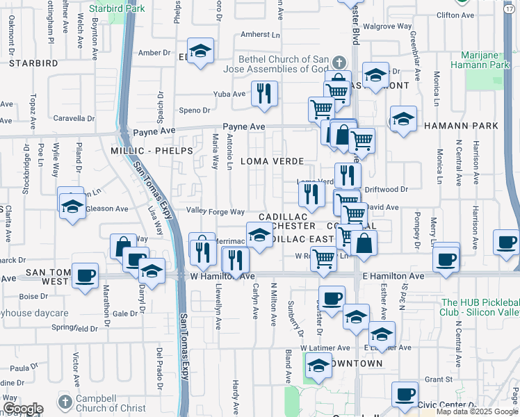map of restaurants, bars, coffee shops, grocery stores, and more near 1469 Lexington Drive in San Jose
