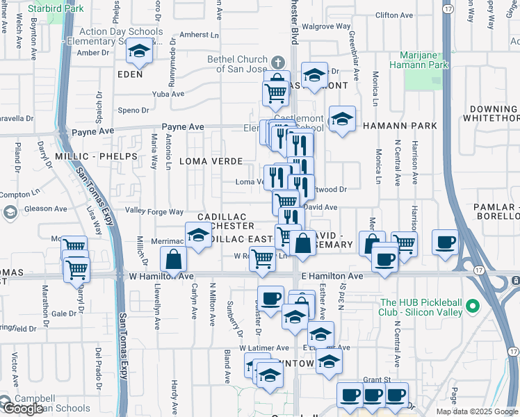map of restaurants, bars, coffee shops, grocery stores, and more near 3170 Williamsburg Drive in San Jose