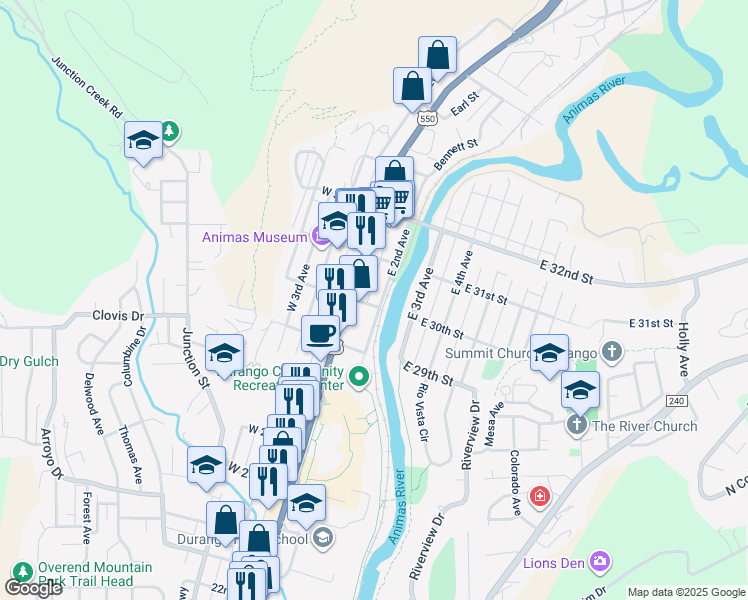 map of restaurants, bars, coffee shops, grocery stores, and more near 3001 East 2nd Avenue in Durango