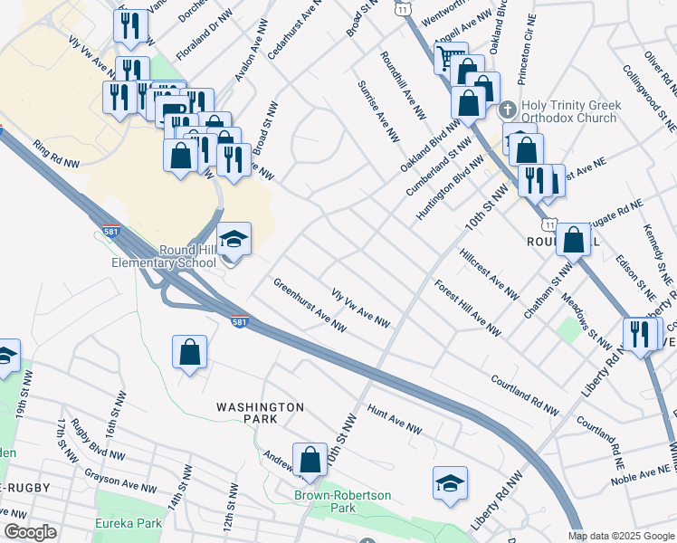 map of restaurants, bars, coffee shops, grocery stores, and more near 3448 Courtland Road Northwest in Roanoke