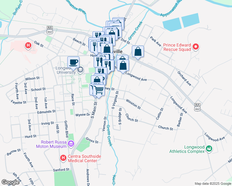 map of restaurants, bars, coffee shops, grocery stores, and more near 205 South Virginia Street in Farmville