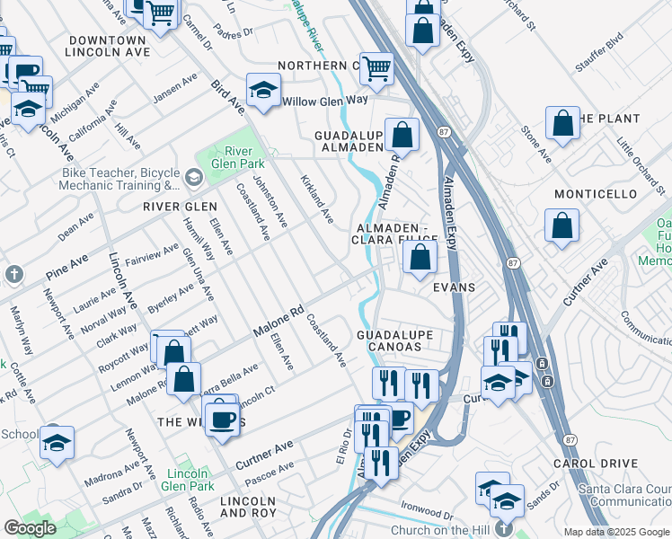 map of restaurants, bars, coffee shops, grocery stores, and more near 814 Creek Drive in San Jose