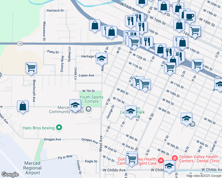 map of restaurants, bars, coffee shops, grocery stores, and more near 1512 West 8th Street in Merced