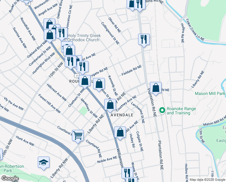 map of restaurants, bars, coffee shops, grocery stores, and more near 2708 Kennedy Street Northeast in Roanoke