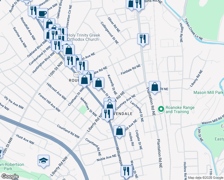 map of restaurants, bars, coffee shops, grocery stores, and more near 2708 Kennedy Street Northeast in Roanoke