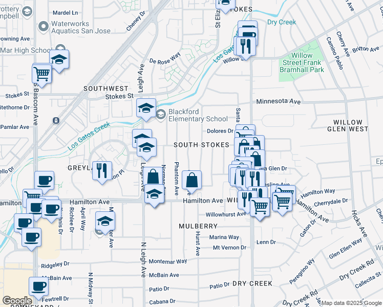 map of restaurants, bars, coffee shops, grocery stores, and more near 1512 Grace Avenue in San Jose