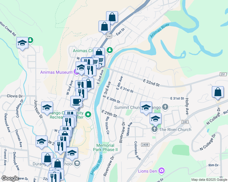 map of restaurants, bars, coffee shops, grocery stores, and more near 3055 East 4th Avenue in Durango