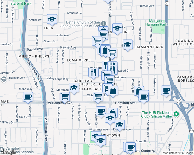 map of restaurants, bars, coffee shops, grocery stores, and more near 3170 Williamsburg Drive in San Jose