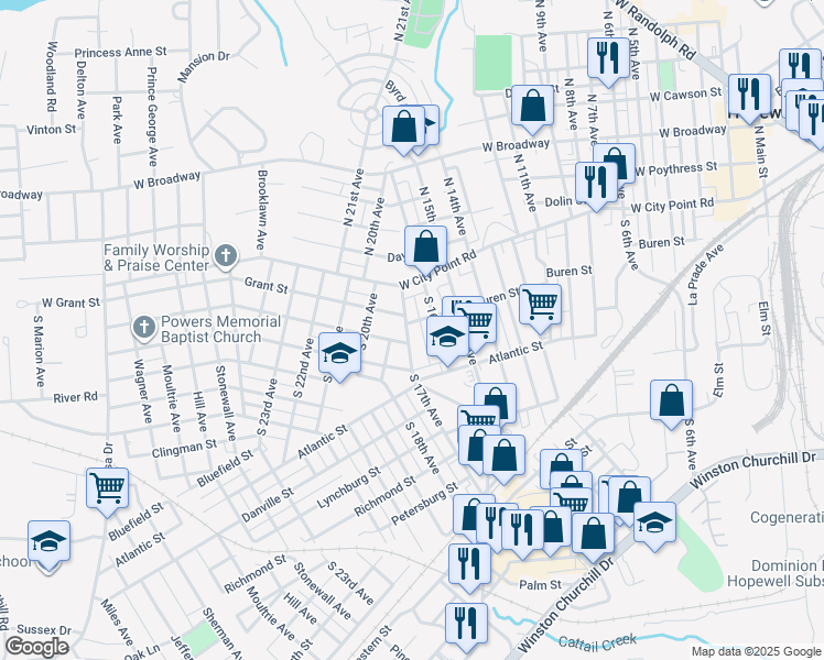 map of restaurants, bars, coffee shops, grocery stores, and more near 203 South 17th Avenue in Hopewell