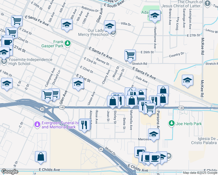 map of restaurants, bars, coffee shops, grocery stores, and more near 1221 East 21st Street in Merced
