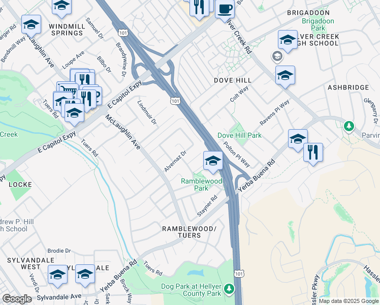 map of restaurants, bars, coffee shops, grocery stores, and more near 1372 Alvernaz Drive in San Jose
