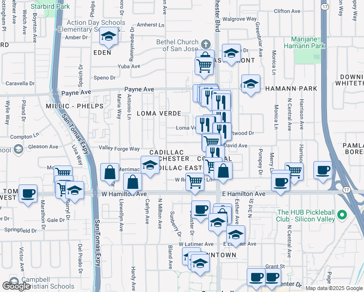 map of restaurants, bars, coffee shops, grocery stores, and more near 3208 Williamsburg Drive in San Jose
