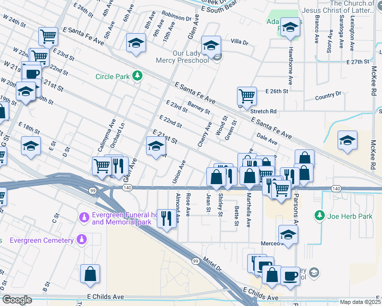 map of restaurants, bars, coffee shops, grocery stores, and more near 1120 East 21st Street in Merced