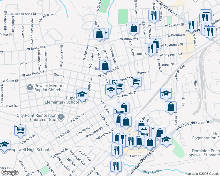 map of restaurants, bars, coffee shops, grocery stores, and more near 207 South 16th Avenue in Hopewell
