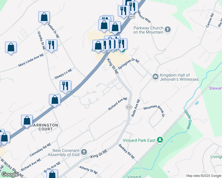 map of restaurants, bars, coffee shops, grocery stores, and more near 3330 King Street Northeast in Roanoke