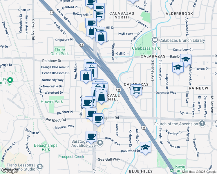 map of restaurants, bars, coffee shops, grocery stores, and more near 1476 Sharon Manor Court in San Jose
