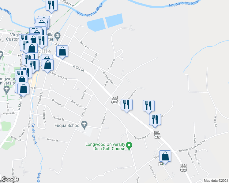 map of restaurants, bars, coffee shops, grocery stores, and more near 234 Cedar Avenue in Farmville