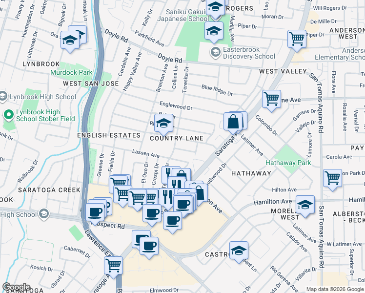 map of restaurants, bars, coffee shops, grocery stores, and more near 4967 Augusta Way in San Jose