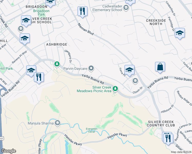 map of restaurants, bars, coffee shops, grocery stores, and more near 2105 Chisin Court in San Jose