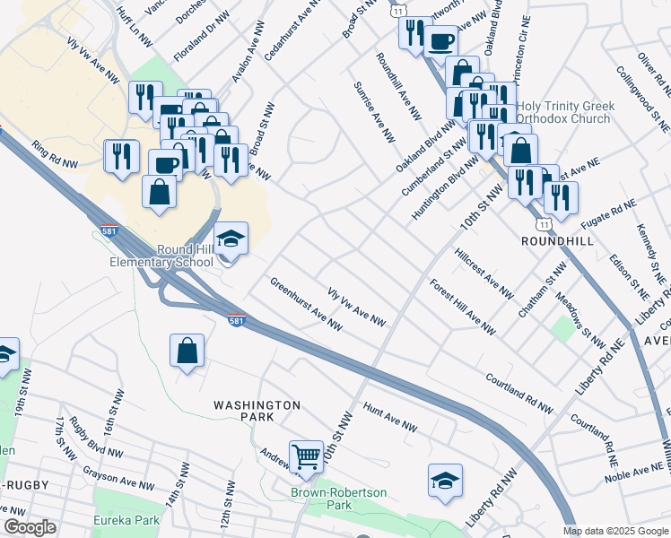 map of restaurants, bars, coffee shops, grocery stores, and more near 3448 Courtland Road Northwest in Roanoke