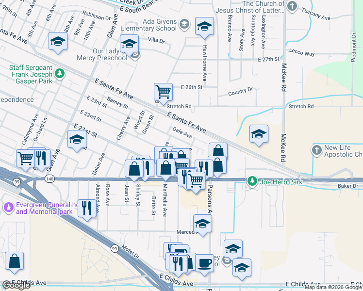 map of restaurants, bars, coffee shops, grocery stores, and more near 1706 East 23rd Street in Merced